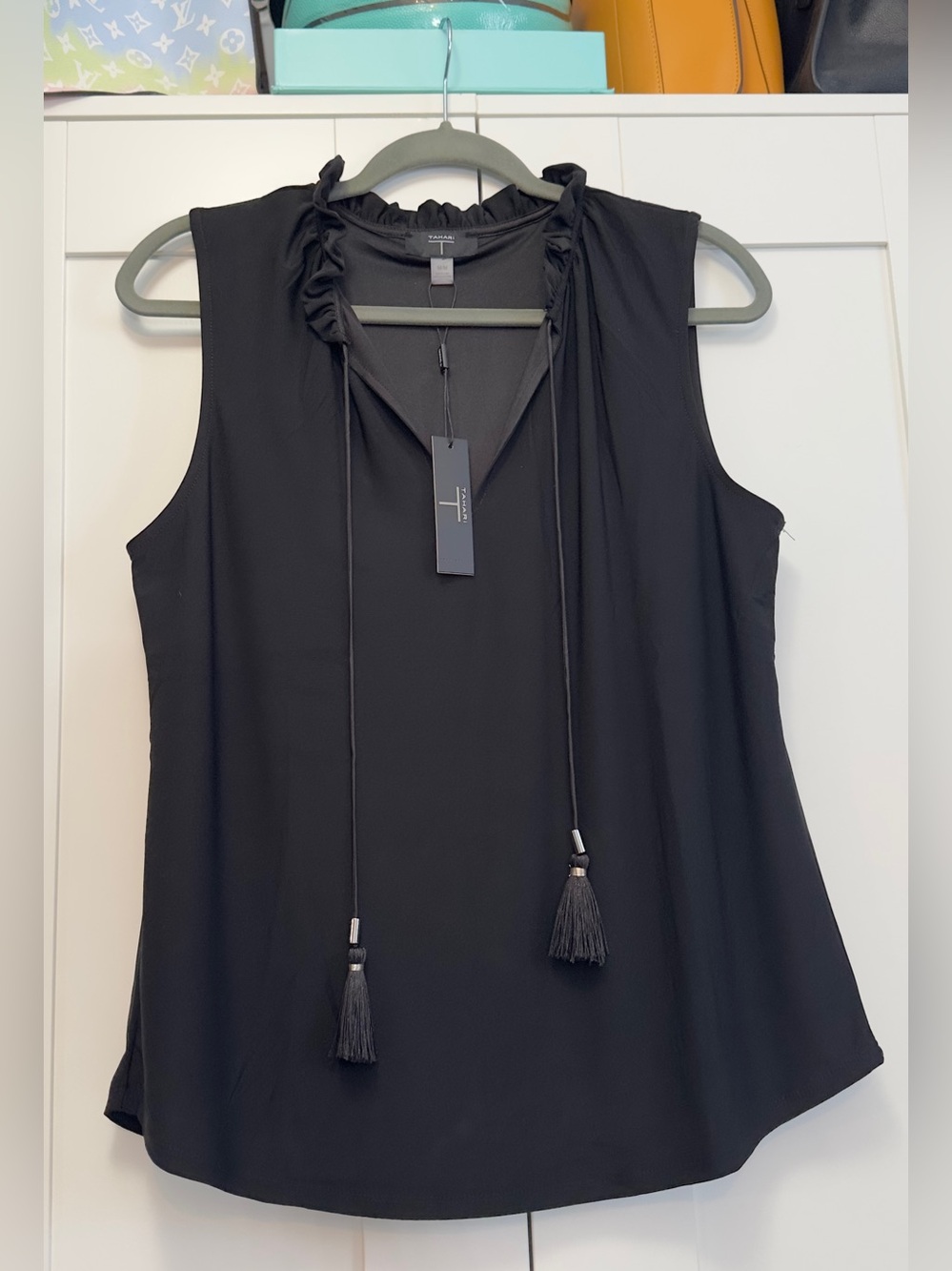 Tahari Black Sleeveless Ruffle Tassel Tie-Neck Blouse Sz MED NEW!